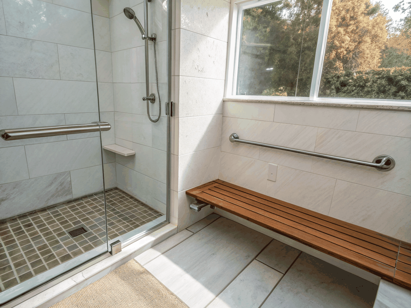 Zero-threshold curbless shower with integrated bench and architectural grab bars