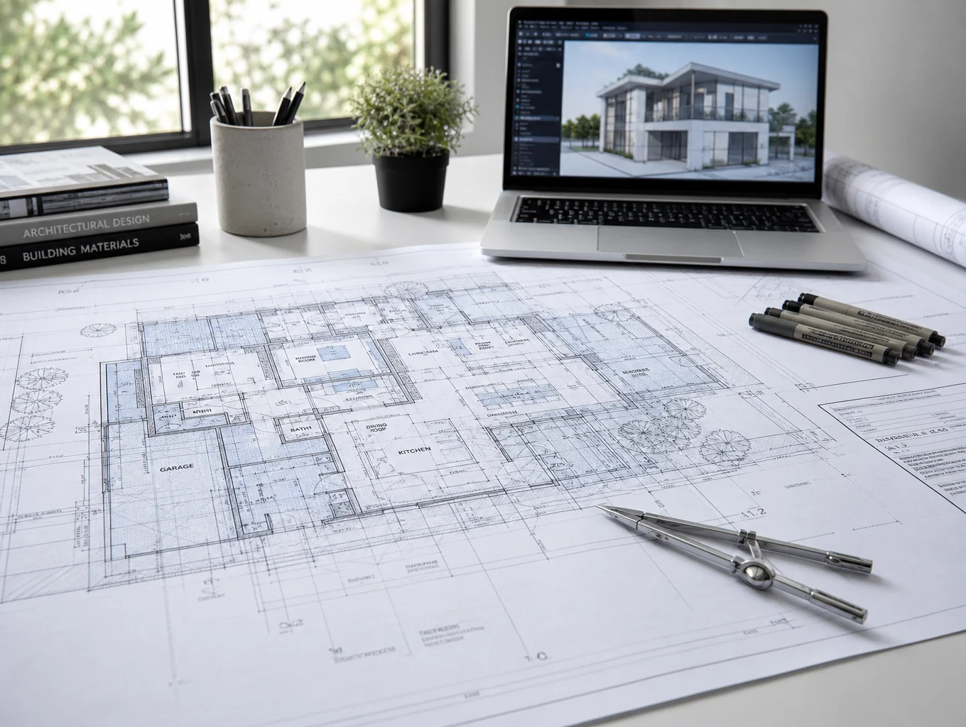 Detailed architectural drawings and project budget planning sheets