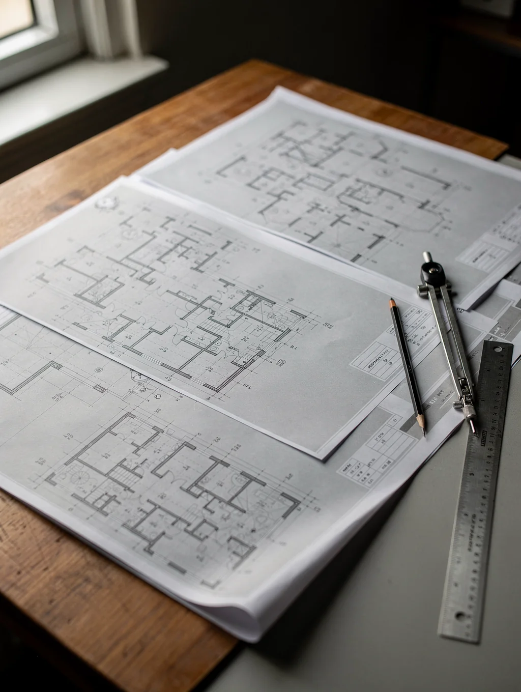 Architectural remodeling blueprints on a sunlit oak drafting desk with finish swatches