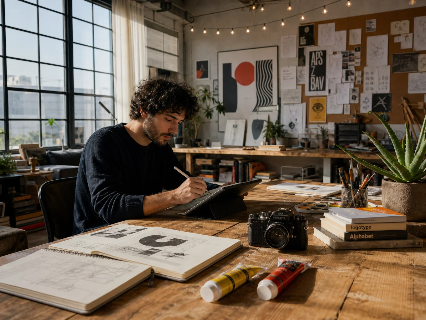 Converted second-story loft studio with skylights, exposed collar ties, and custom desks