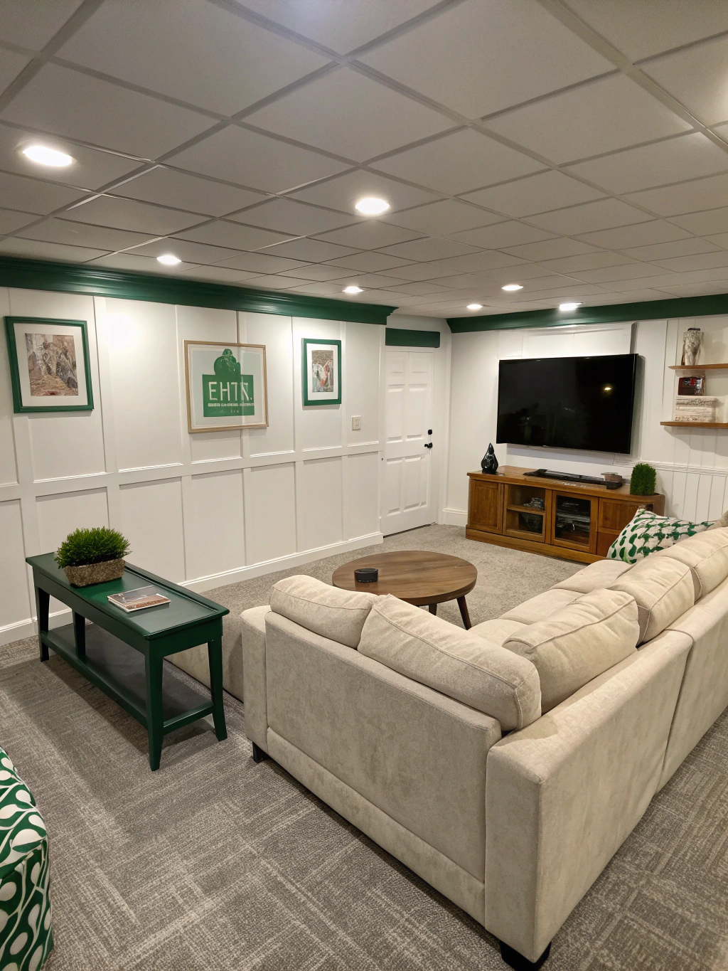 Modern finished basement with custom warm white oak millwork and lounge area in Woodstock, Georgia