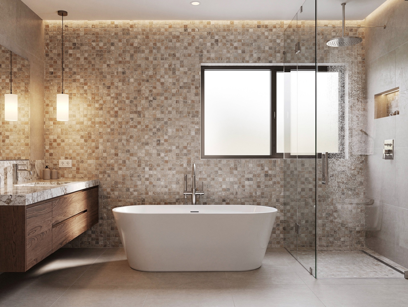 Spa-like primary bathroom featuring zellige wall tile and freestanding soaking tub