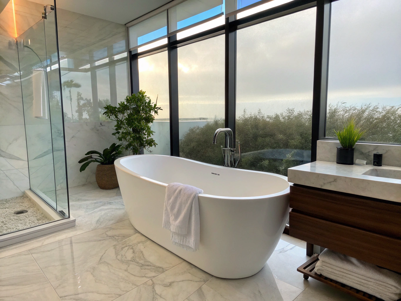 Remodeled bathroom with a freestanding tub, glass shower and wood vanity