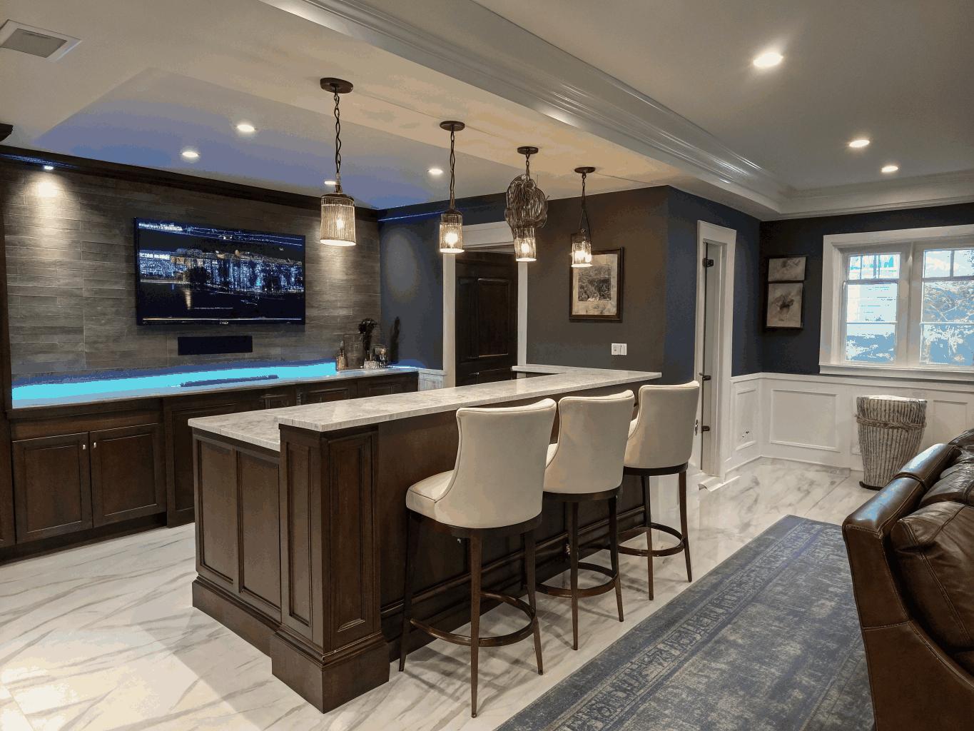 Finished luxury basement remodel and entertainment space, illustrative design concept