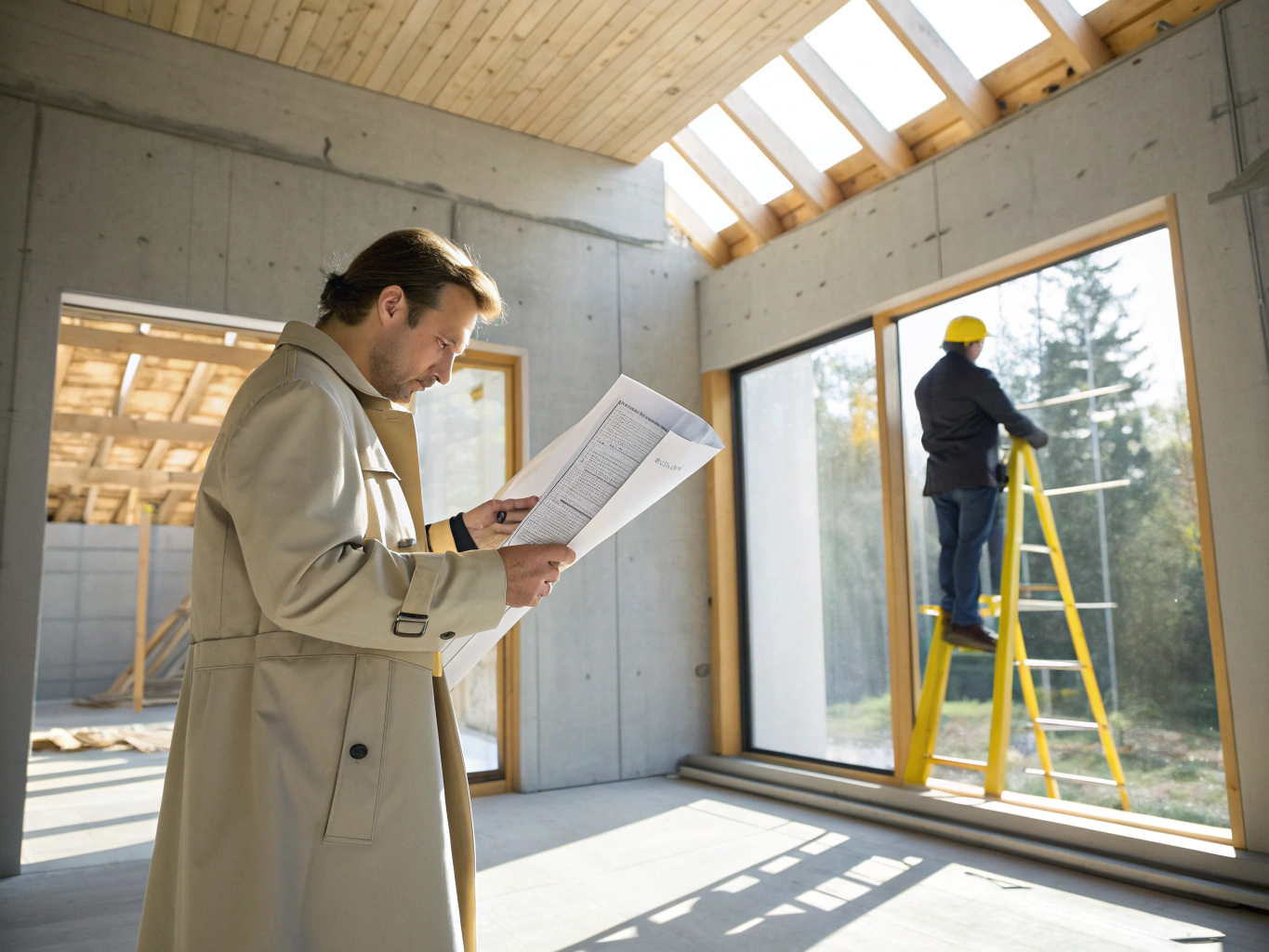 Project manager reviewing design plans on site with homeowner