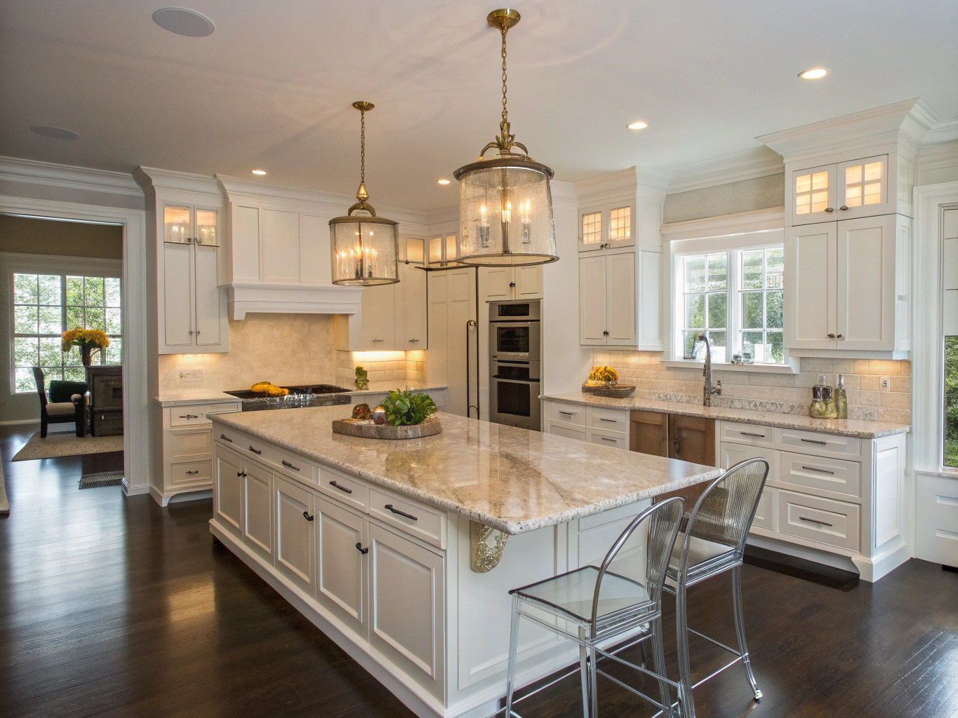 Gourmet residential kitchen remodel with fluted wood island, illustrative design concept
