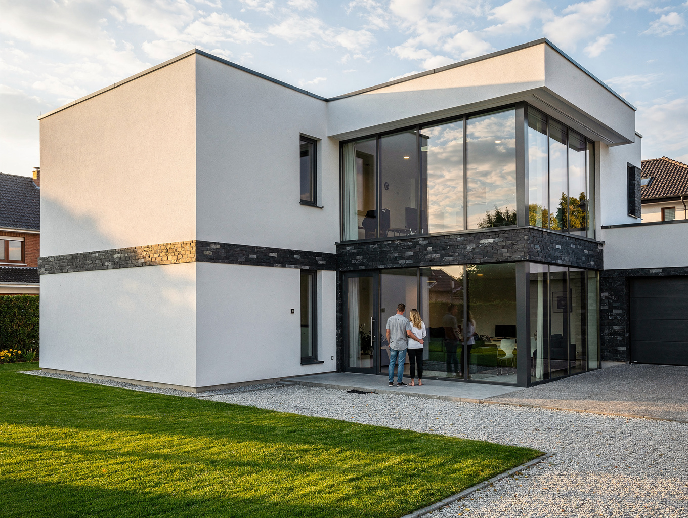Architectural residential home addition with warm timber and clean masonry