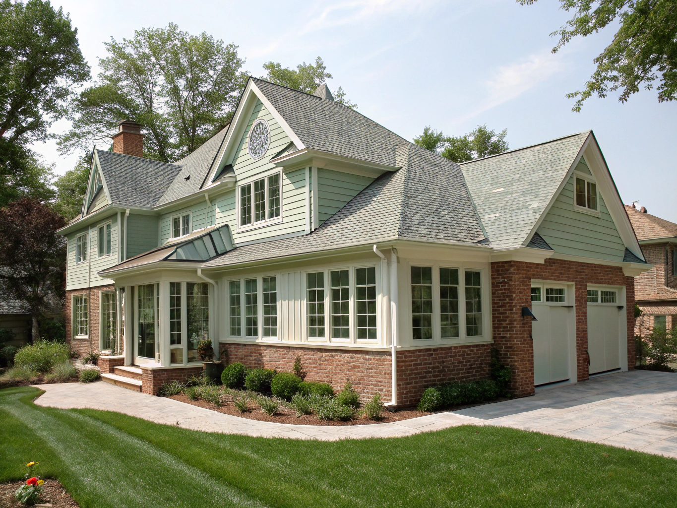 Seamless two-story architectural exterior addition blending with existing rooflines