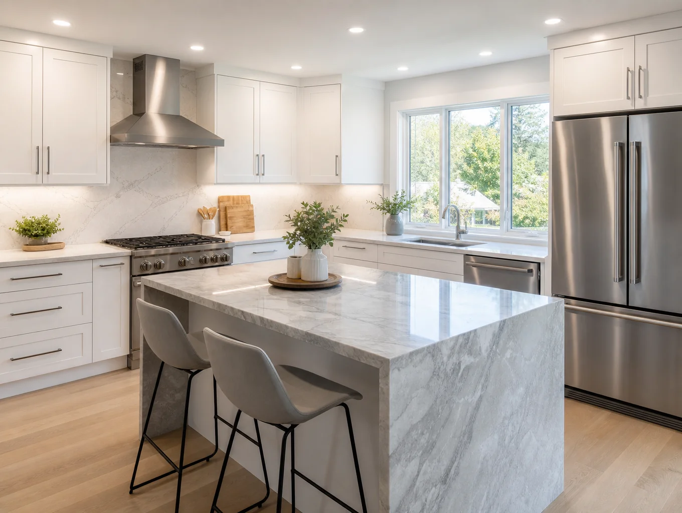 Remodeled kitchen with a large island, white cabinetry and pendant lighting
