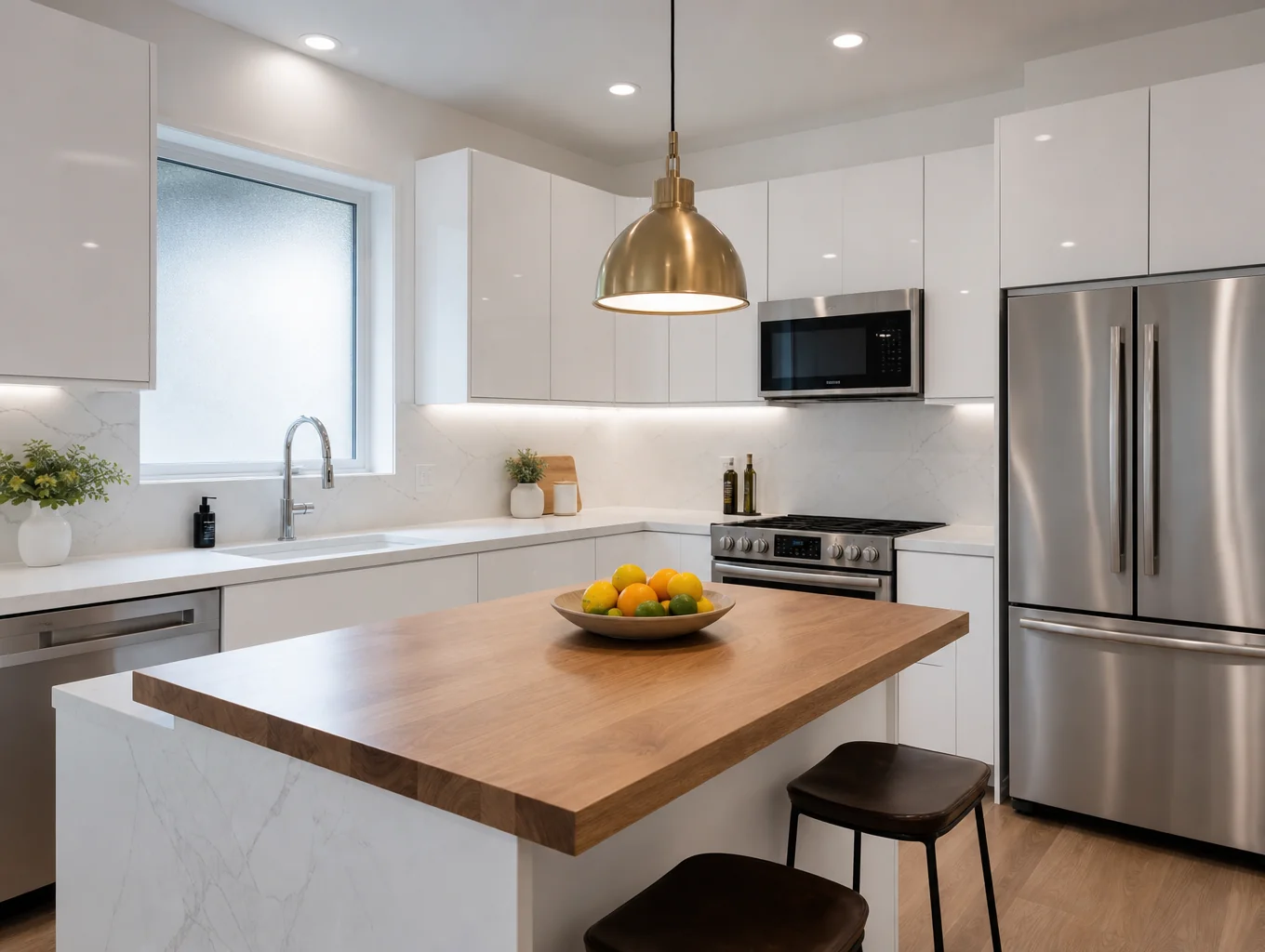 Bright modern kitchen remodel with white oak island and honed countertops in Woodstock GA
