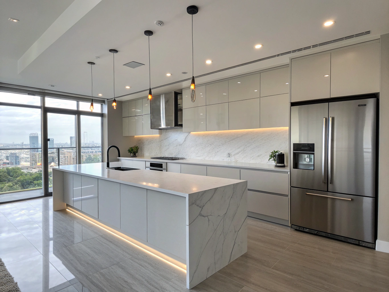 Sunlit custom kitchen with honed quartzite waterfall island and oak cabinetry