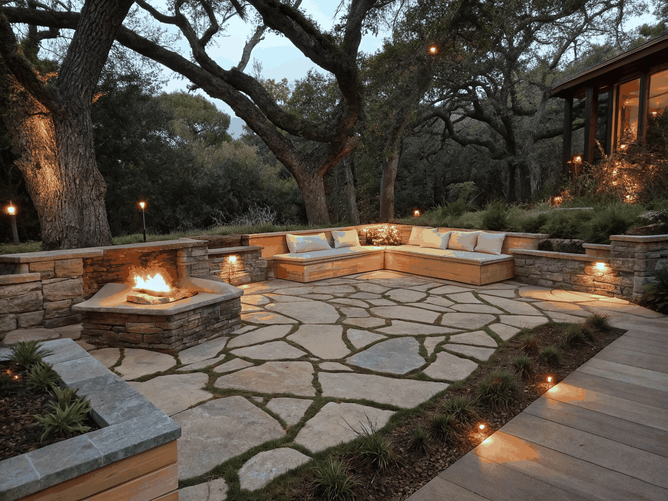 Covered stone patio with outdoor fireplace, timber-framed ceiling, and integrated dining area