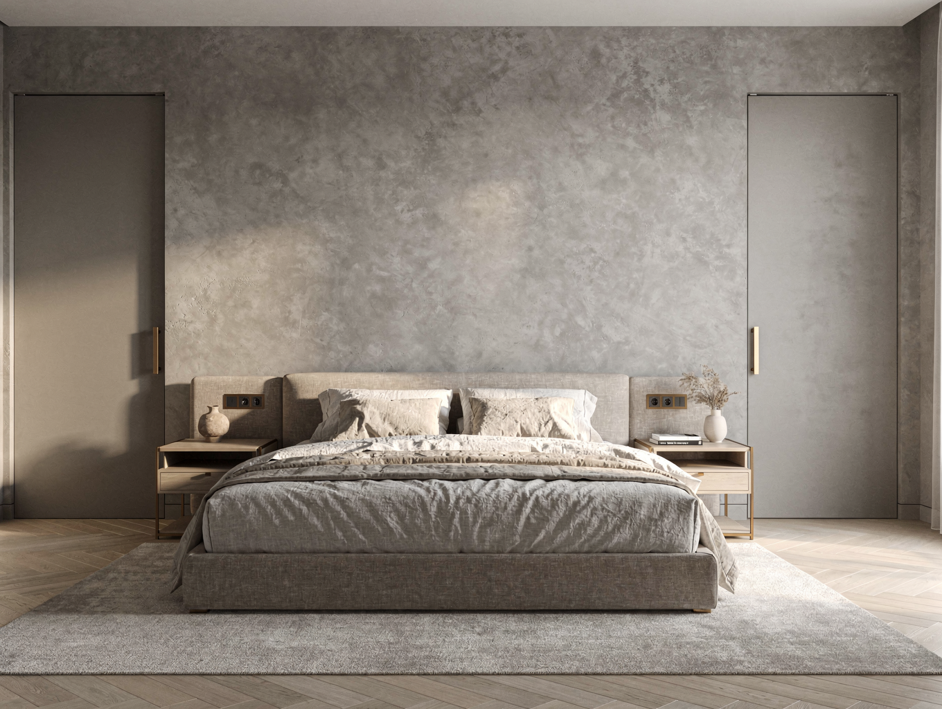 Serene bedroom retreat with custom architectural millwork, fireplace wall, and direct ensuite view