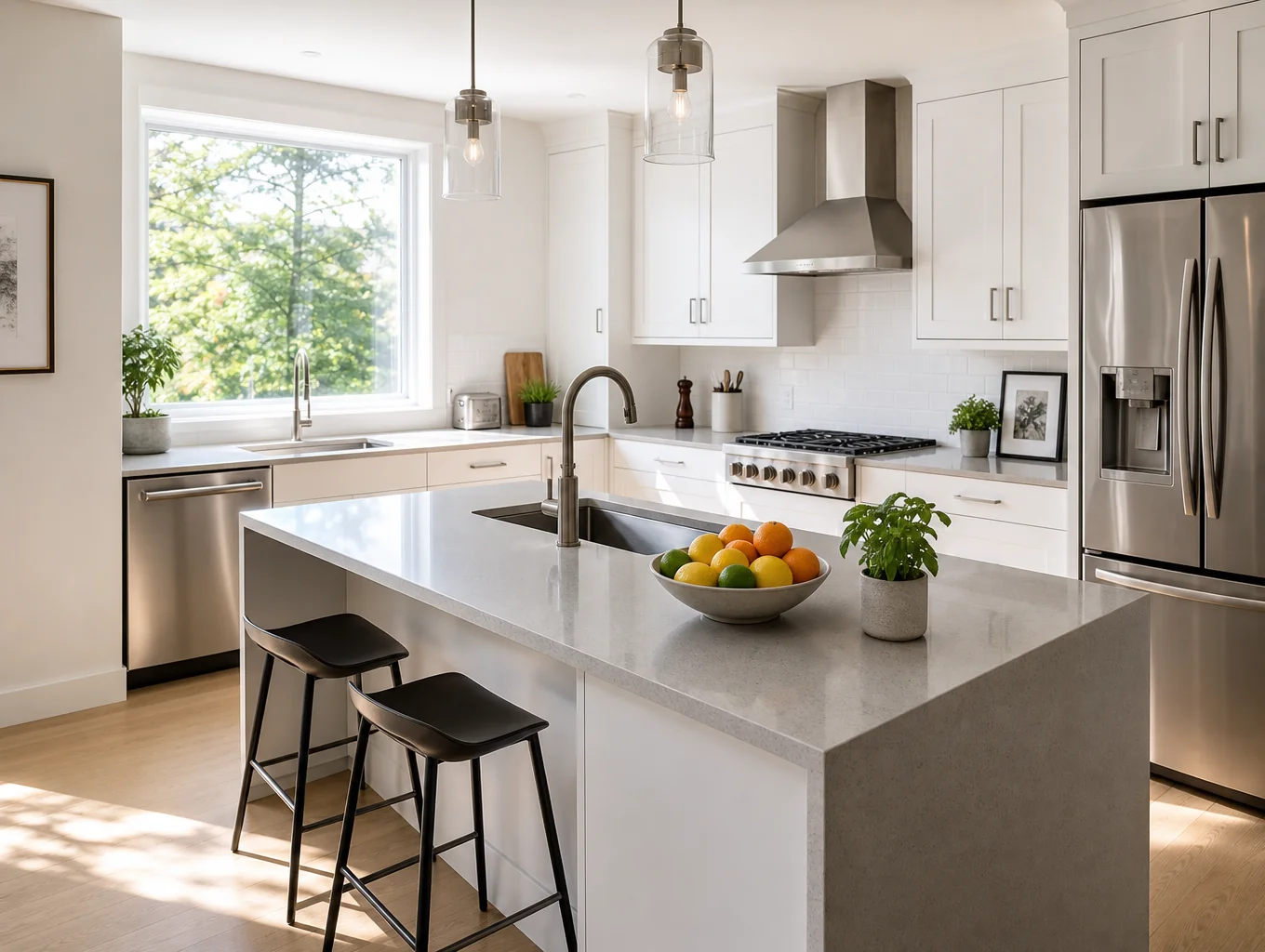 Modern sunlit kitchen renovation in Towne Lake with custom wood cabinets and quartz island