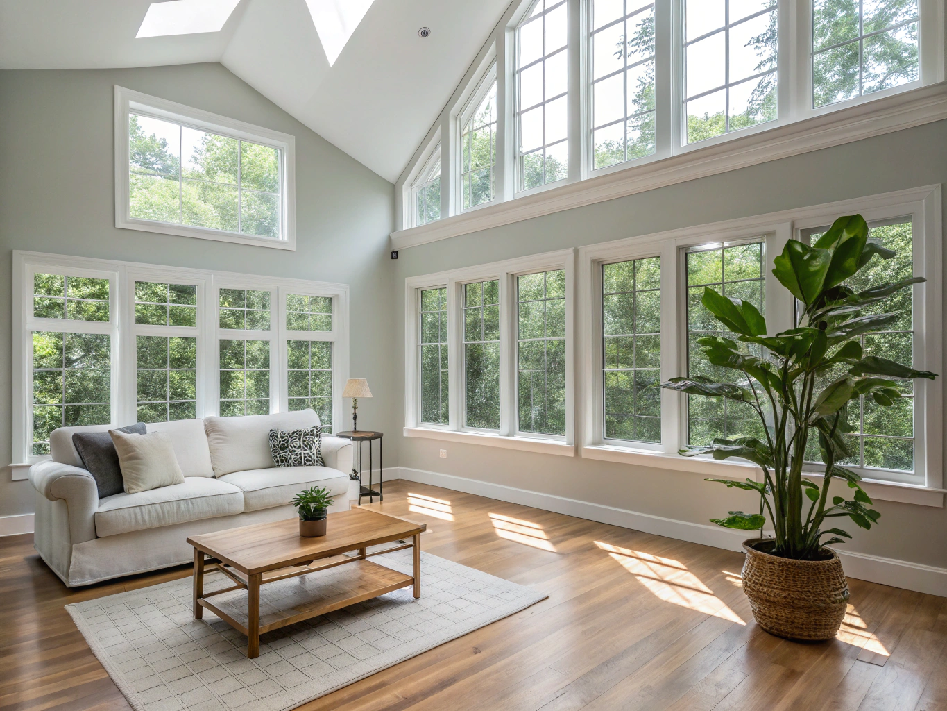 Open-concept living and dining architectural renovation with structural beams