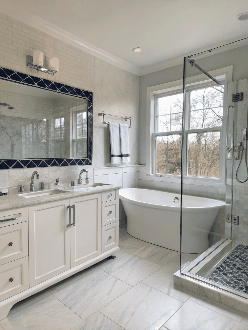 Spa-grade primary bathroom suite with freestanding tub, curbless shower, and custom white oak vanity in Woodstock GA
