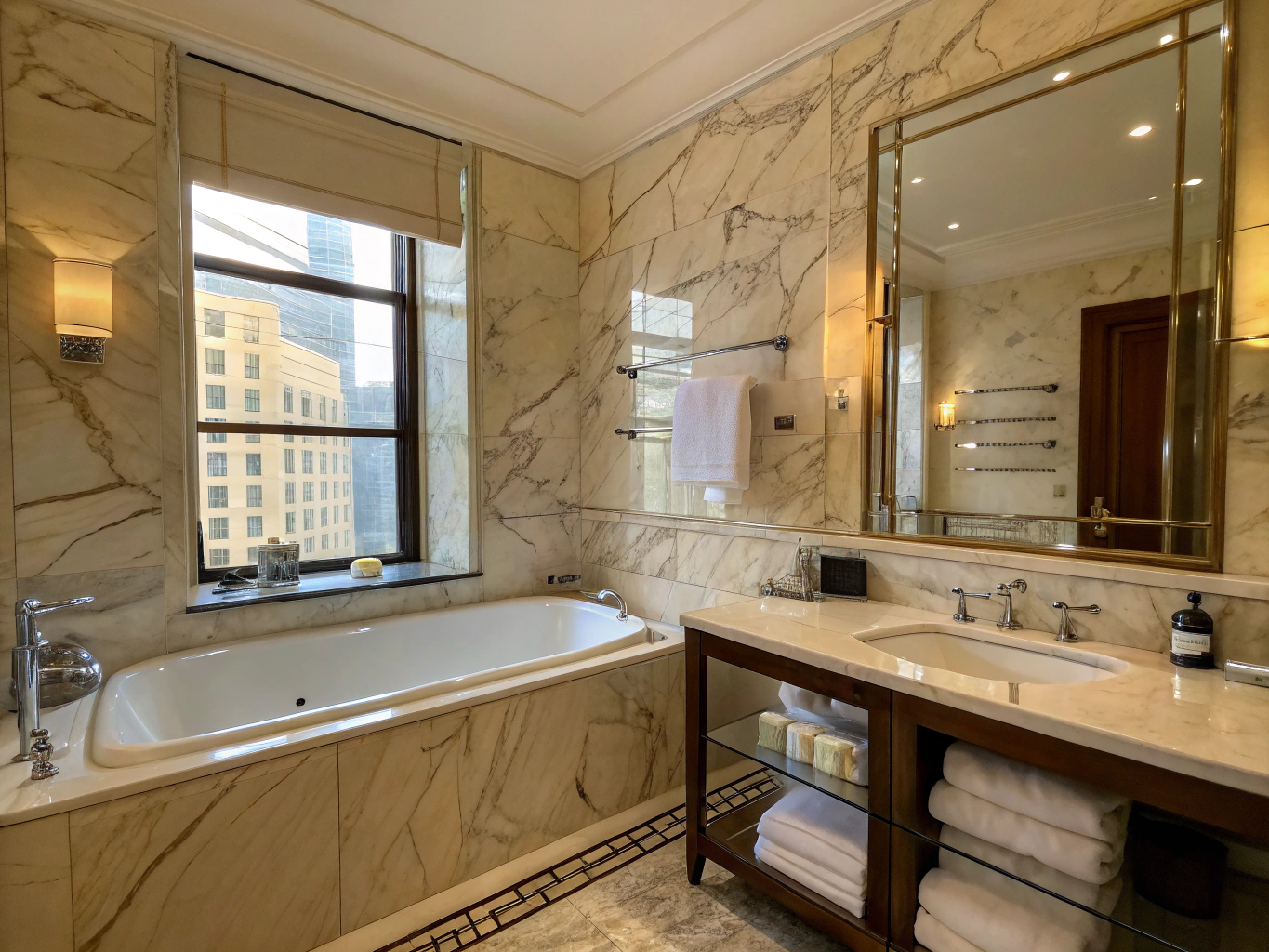 Spa grade walk in bathroom suite with freestanding bathtub and custom tile, illustrative design concept